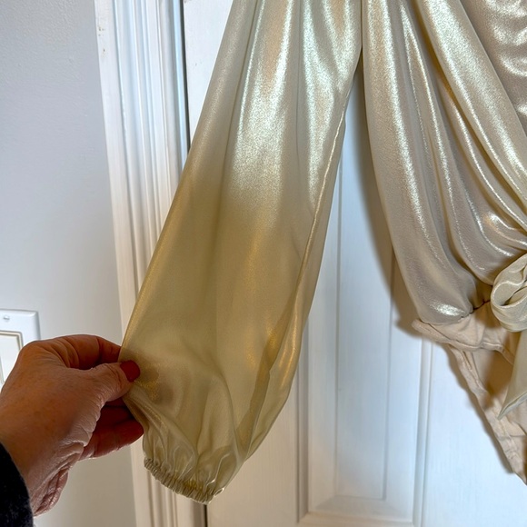 4S13NNA Champagne Metallic Bodysuit w/ Deep V-Neck, Puffed Sleeves & Sash - Picture 6 of 11